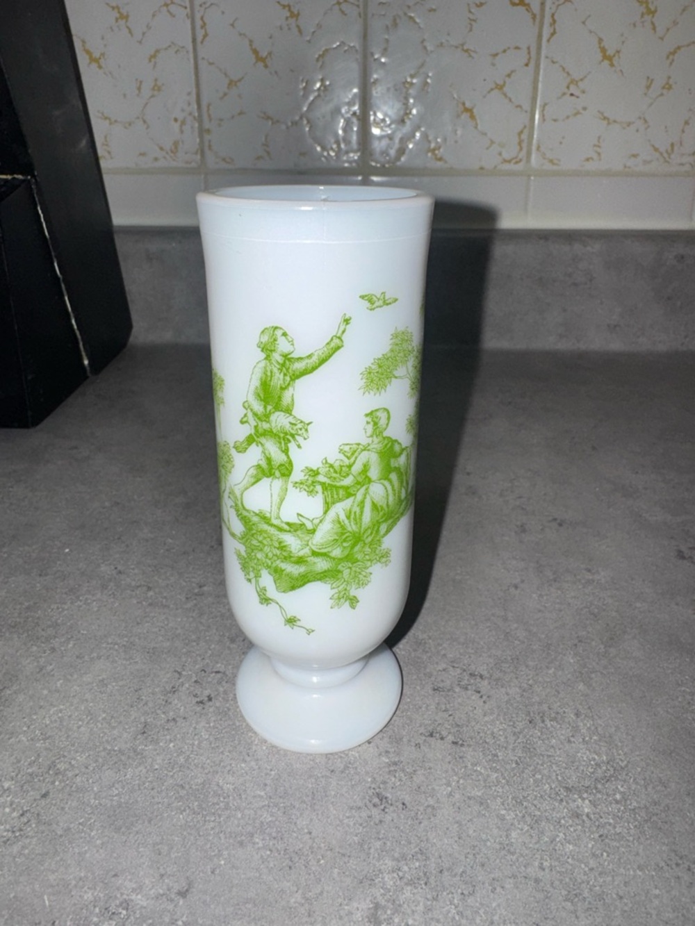 Vintage Avon Milk Glass Pedestal Mug Green Toile Victorian Scene Footed Cup